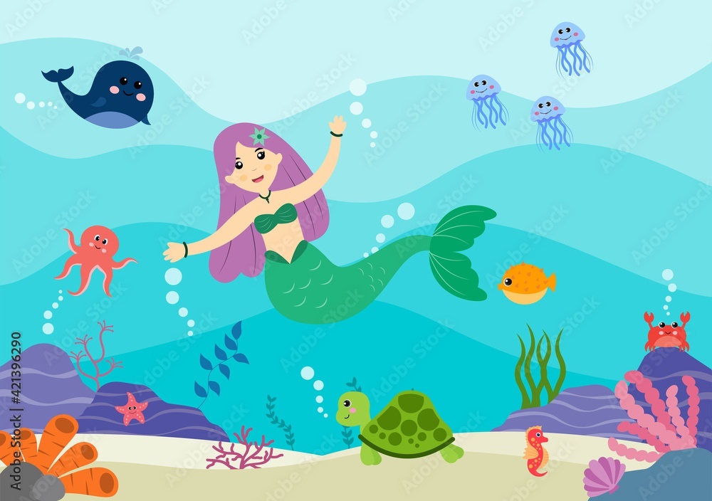 Underwater Mermaid Vector Illustration Cute Sea Animals Cartoon Characters  Along with Fish, Turtle, Octopus, Seahorse, Crab Stock Vector | Adobe Stock
