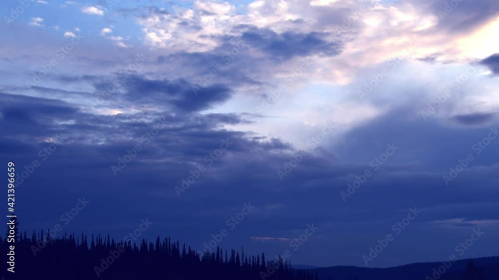 Blue clouds float over silhouettes of pine trees. Formation of cumulus clouds at sunset in timelapse Blue clouds float over silhouettes of pine trees. Formation of cumulus clouds at sunset in timelapse