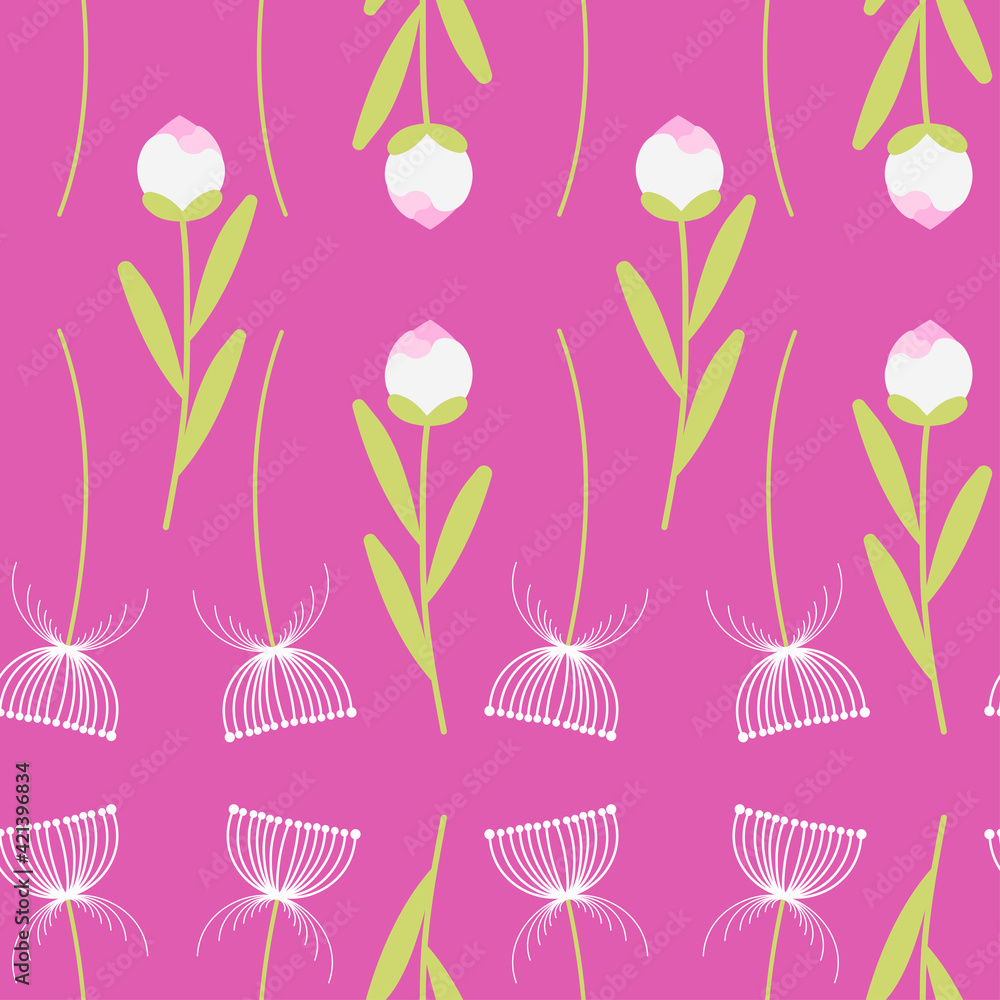 Tulip rosebud with dandelion seamless vector pattern design. Textile and fabric. Card print. Wrapping paper.