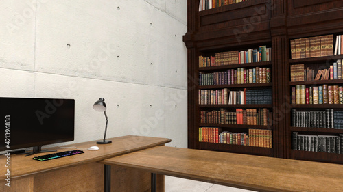 テレビ会議背景用 ZOOM会議背景用 CG 部屋 ラウンジ コンクリート打ち放し 本棚 書斎 PC パソコン video conferencing for using in video conference and as a zoom background.