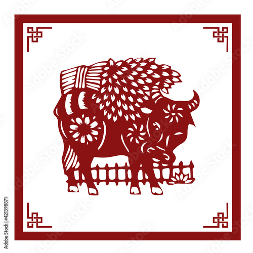 Fototapeta Naklejka Na Ścianę i Meble -  The Classic Chinese Sketching Style Illustration, A Cartoon Bull, The Chinese Zodiac, The Year Of Ox