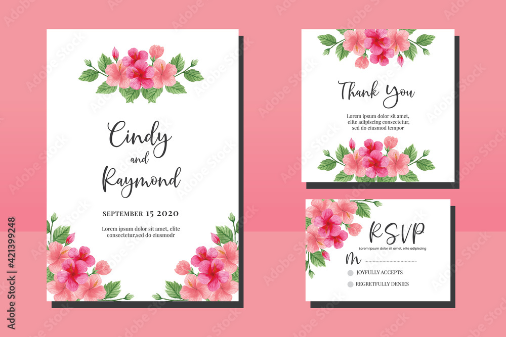 Wedding invitation frame set, floral watercolor hand drawn Hibiscus Flower design Invitation Card Template