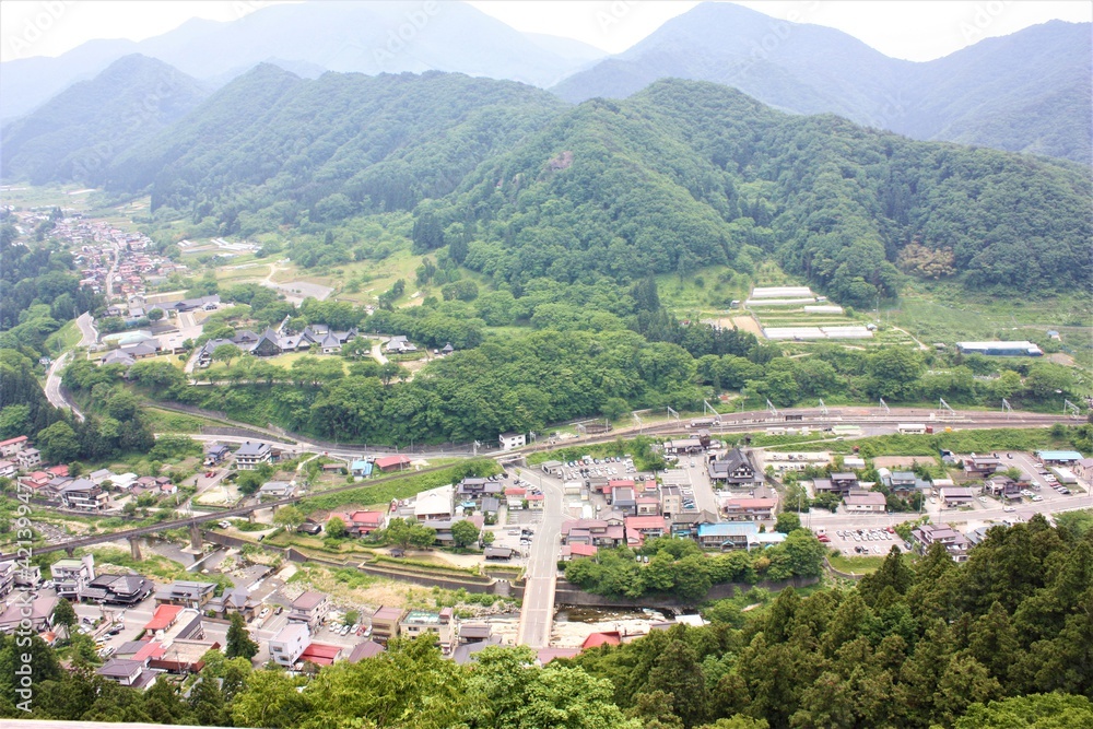 Rural view from Yamadera temple in Yamagata prefecture, Japan - 山寺 (宝珠山立石寺)からの眺望 山形県 日本