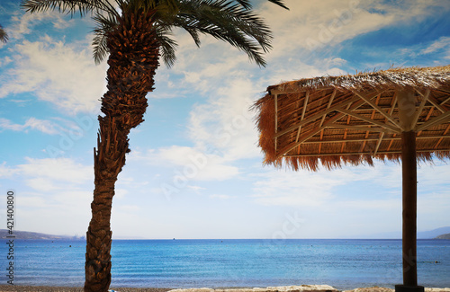 Morning on sandy beach in Eilat - famous tourist resort and recreation city i...