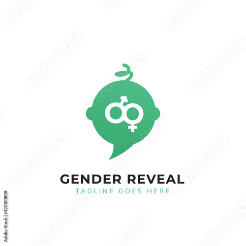 Baby gender reveal logo with cute baby silhouette head as bubble speak talk with gender icon symbol