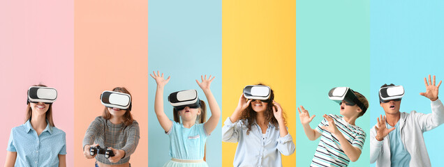 Different people with virtual reality glasses on color background