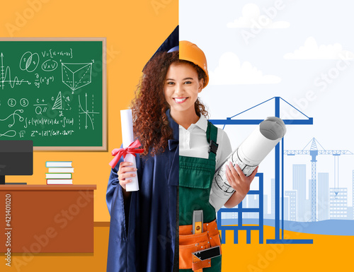 Female African-American engineer on light background photo