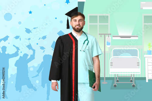 Comparison portrait of young man in bachelor robe and uniform of doctor