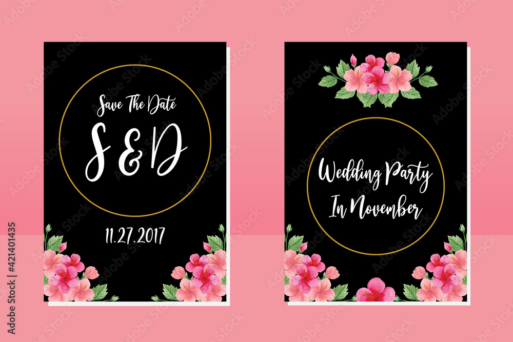 Naklejka premium Wedding invitation frame set, floral watercolor hand drawn Hibiscus Flower design Invitation Card Template