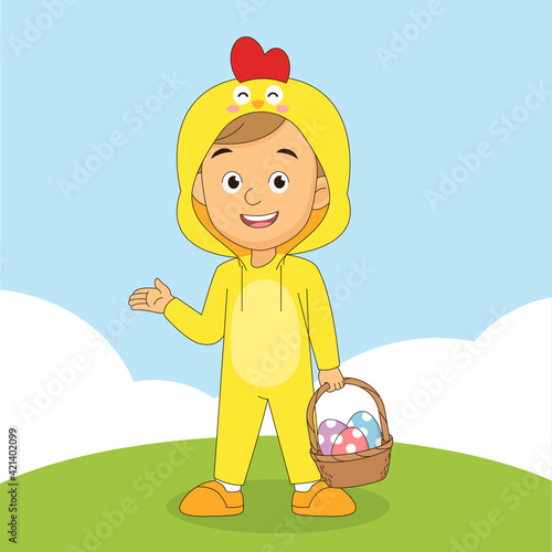 Boy in chick costume and easter eggs in basket