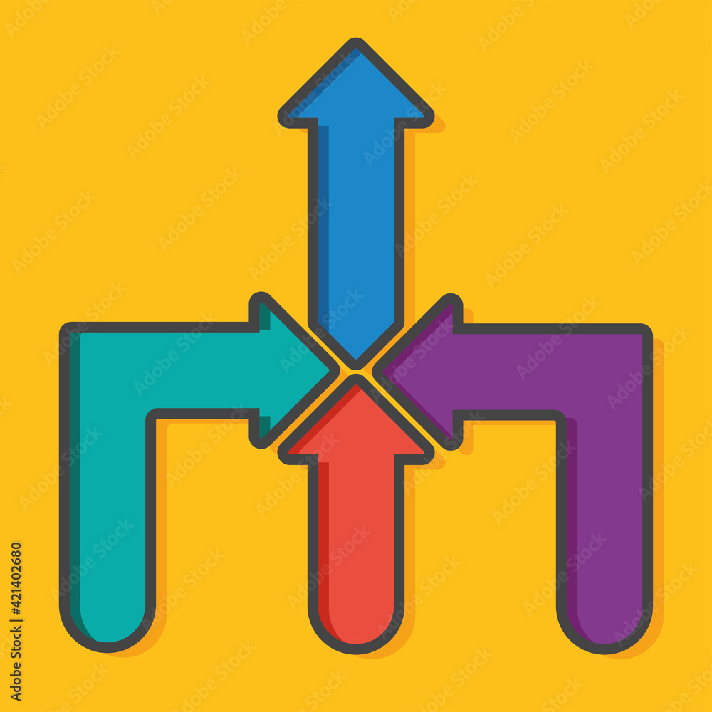 three line joining and merging become an arrow to same direction on yellow background, blue arrow, green arrow, purple arrow three line joining and merging become an arrow to same direction on yellow background, blue arrow, green arrow, purple arrow