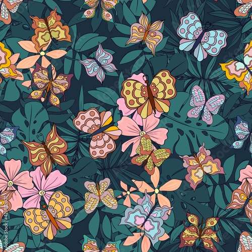 Beautiful butterflies on a tropical backround. Seamless pattern. Pastel colors. Collection of isolated flat cartoon vector illustrations.