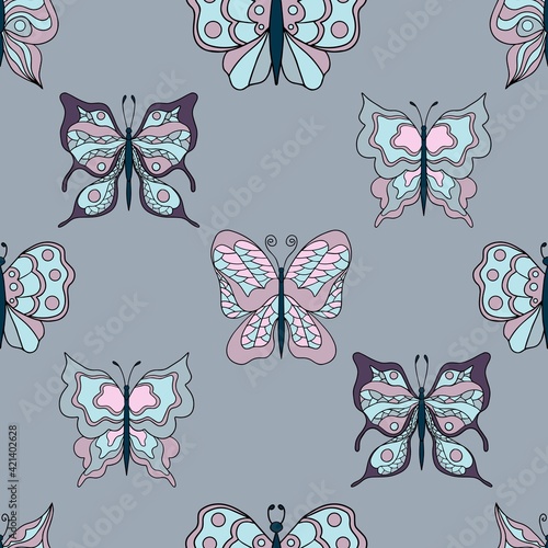 Beautiful butterflies. Seamless pattern. Pastel colors. Collection of isolated flat cartoon vector illustrations.