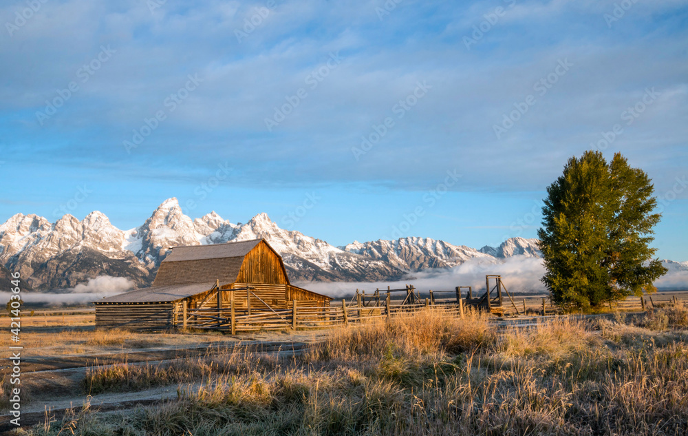 barn in Mormon Row in the  Grand tetons national park , Wyoming during a wintry weather in  autumn.