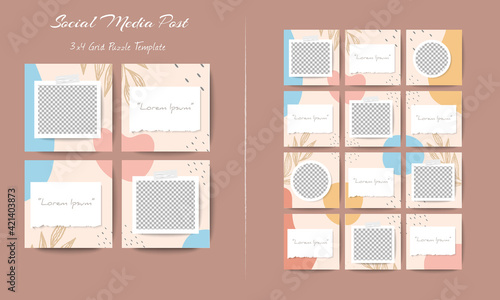 Social media feed post template set in grid puzzle style with organic shape background