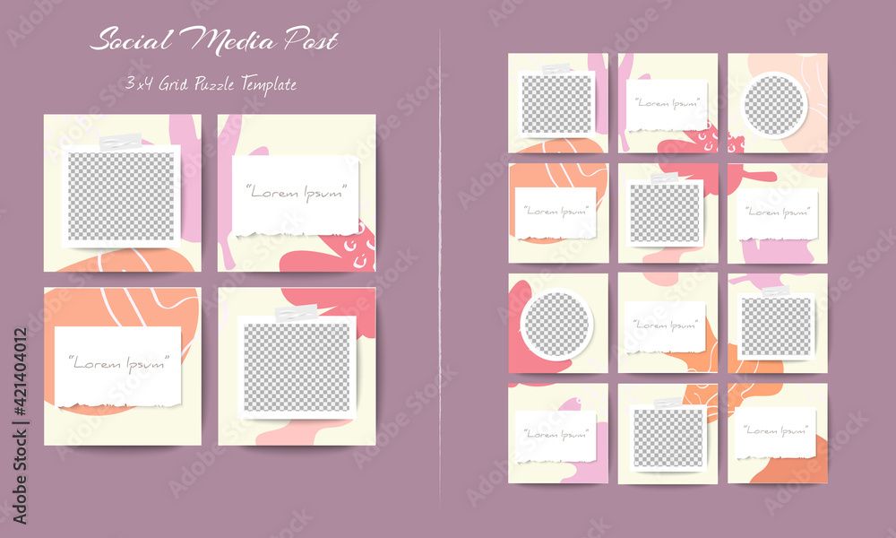 Social media feed post template set in grid puzzle style with organic shape background Social media feed post template set in grid puzzle style with organic shape background