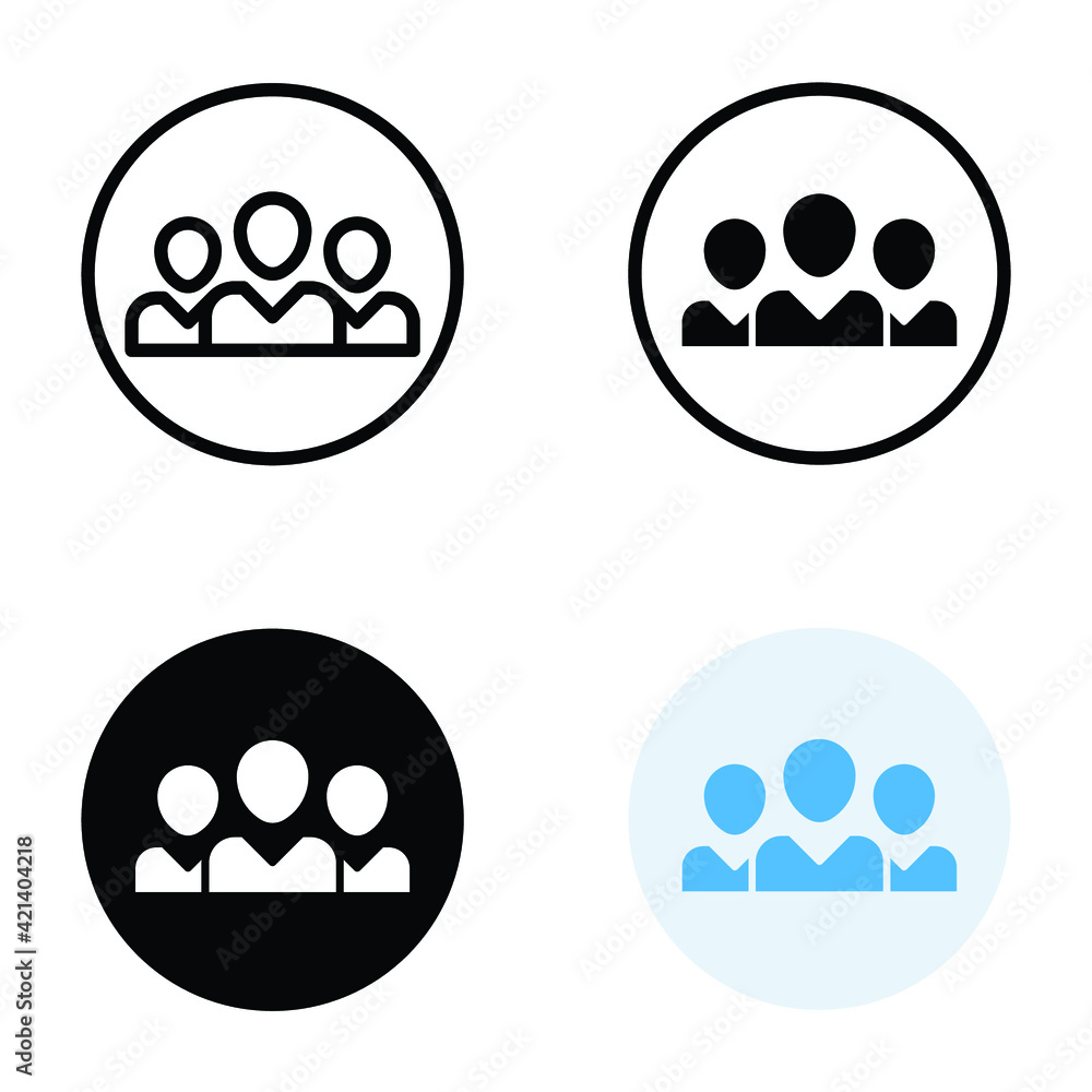 Obraz premium 3 people icon in different style. Outline, glyph, solid, and flat style design. Multi user, circle, group, person, service concept. Crowd sign symbol. Vector illustration isolated. EPS 10.