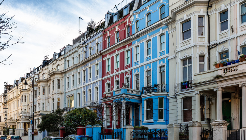 Colorful vibrant houses in Notting Hill , west London. shot on 14 March 2021.
