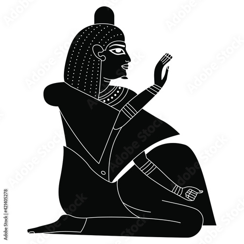Seated ancient Egyptian man or pharaoh. Blessing gesture. Black and white silhouette.