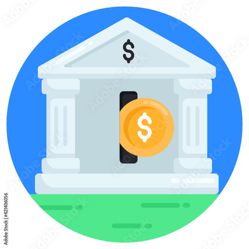 
Building with coin denoting flat icon of financial institute 

