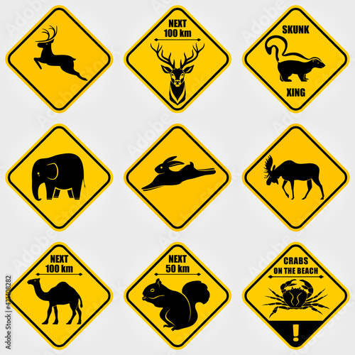 Set of Road signs - Attention Animal, Hare, Deer, Moose, Elephant, Crab, Camel, Squirrel, Skunk. Vector illustration
