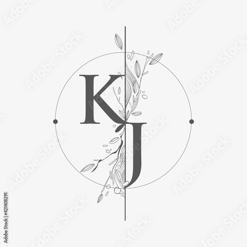 Letter KJ Initial Logo with Hand Draw Floral, Initial Wedding Font Logo with Circle and Flowers.
