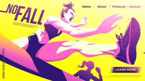 Vector illustration for ui or a landing page of hurdle running of the female athletes is jumping across the hurdle with determination in the game.