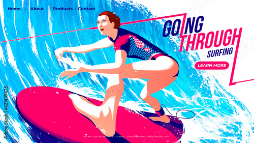 Vector illustration for ui or a landing page of surfing sport of the female surfer is riding the surfboard through the tunnel of the big wave with determination.