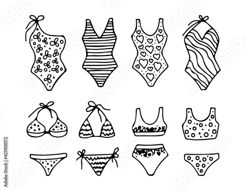 A set of fashionable women's swimwear of various styles and prints. Bikini, summer swimwear. Vector illustration hand drawn in outline style doodle. For design, print, postcard, poster, sticker.