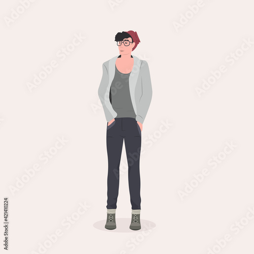 beautiful man standing pose male cartoon character in fashion clothes full length flat