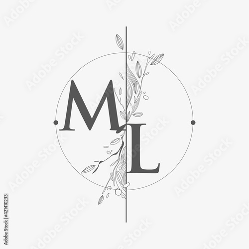 Letter ML Initial Logo with Hand Draw Floral, Initial Wedding Font Logo with Circle and Flowers.