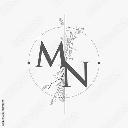 Letter MN Initial Logo with Hand Draw Floral, Initial Wedding Font Logo with Circle and Flowers.