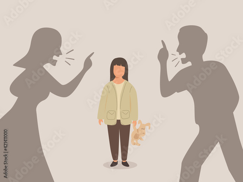 Parental divorce and children, Father and Mother Arguing Fighting, Little daughter Stands With Teddy Bear Toy Between Them and Sad.