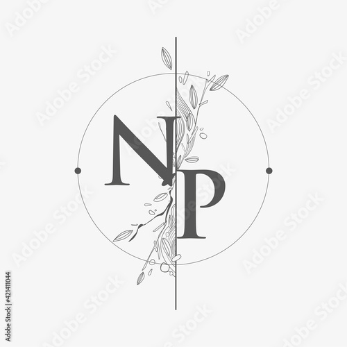 Letter NP Initial Logo with Hand Draw Floral, Initial Wedding Font Logo with Circle and Flowers.
