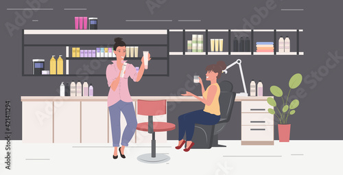 women testing skin care cosmetic products makeup cosmetics masterclass modern beauty salon interior full length horizontal