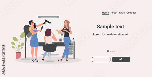 hairdresser using hair dryer making hair style to her client women testing eyeshadow palette beauty salon concept horizontal full length copy space