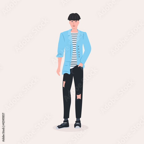 beautiful man standing pose male cartoon character in fashion clothes full length flat