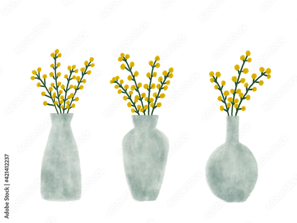 黄色いミモザを3本の花瓶に生けた水彩イラスト Stock イラスト Adobe Stock 黄色いミモザを3本の花瓶に生けた水彩イラスト Stock イラスト Adobe Stock