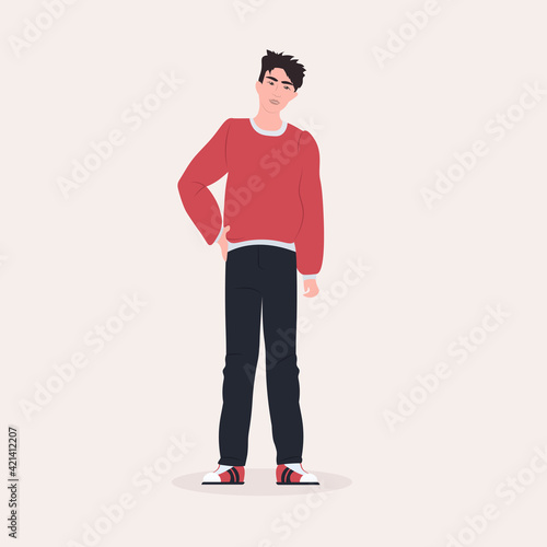 beautiful man standing pose male cartoon character in fashion clothes full length flat
