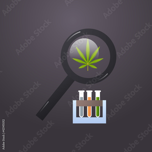 cannabis under magnifying glass test tubes with cbd oil in chemistry lab experiment medical marijuana drug consumption concept flat