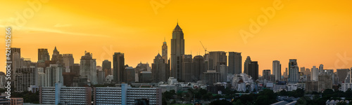 Silhouette of Bangkok Cityscape, Business district with high building at sunset (Bangkok, Thailand)