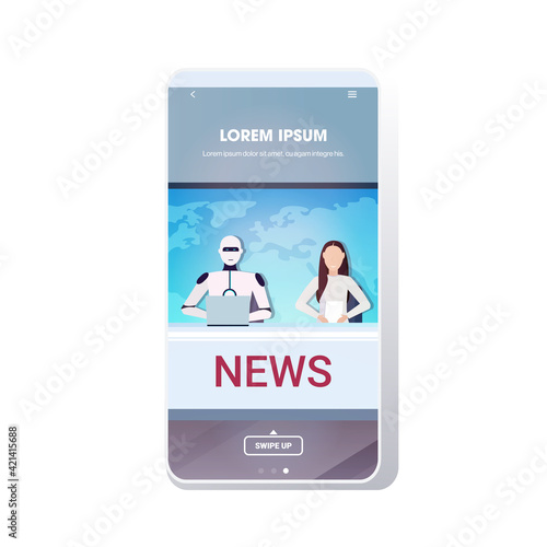 robot and woman tv presenters sitting at table in news studio artificial intelligence technology live news concept world map background mobile app copy space portrait