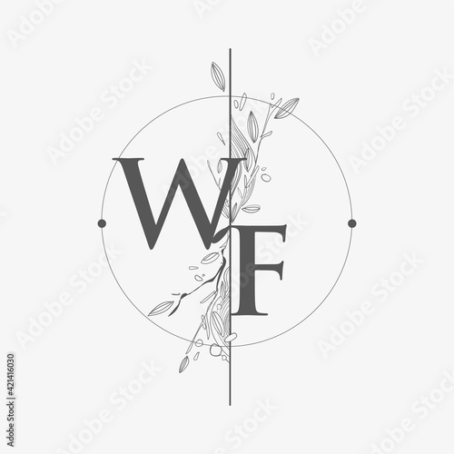 Letter WF Initial Logo with Hand Draw Floral, Initial Wedding Font Logo with Circle and Flowers.