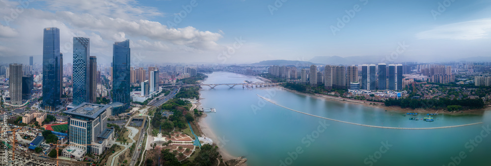 Obraz premium Aerial photography night view of modern architecture in Fuzhou city, China