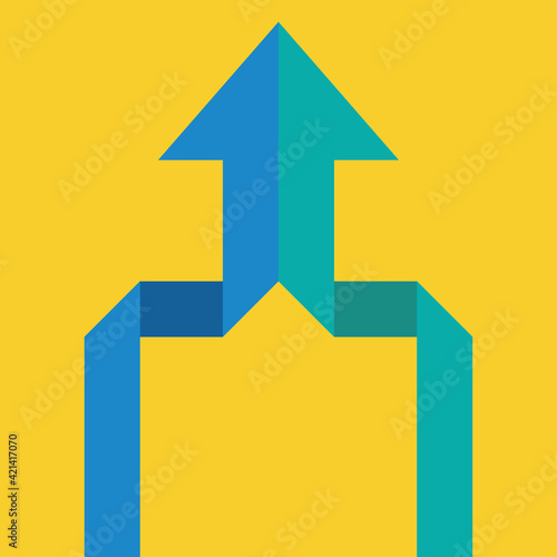 origami arrow formed by two merging blue and green lines on yellow background. Partnership, merger, alliance and integration concept. Flat design. Vector illustration, no transparency, no gradients