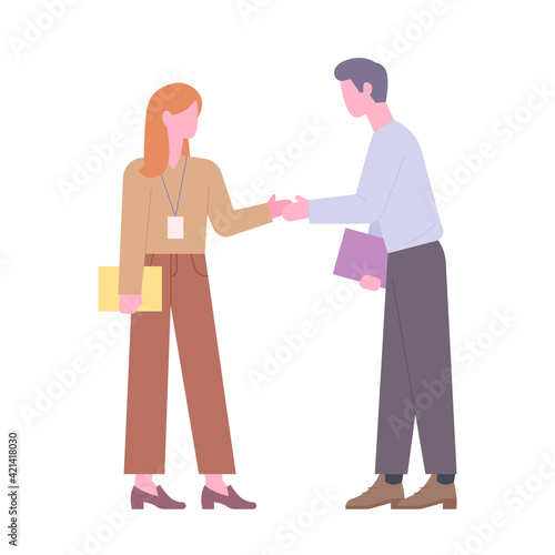 Two business people meet and shake hands.  flat design style minimal vector illustration.