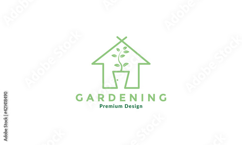 lines art with leaf gardening home logo vector symbol icon design illustration