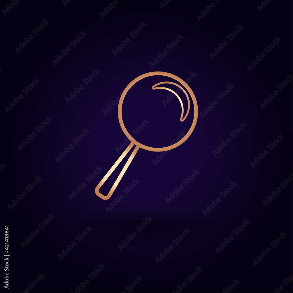 Gold magnifying glass icon. Vector illustration isolated on a blue background. School topics. Gold magnifying glass icon. Vector illustration isolated on a blue background. School topics.