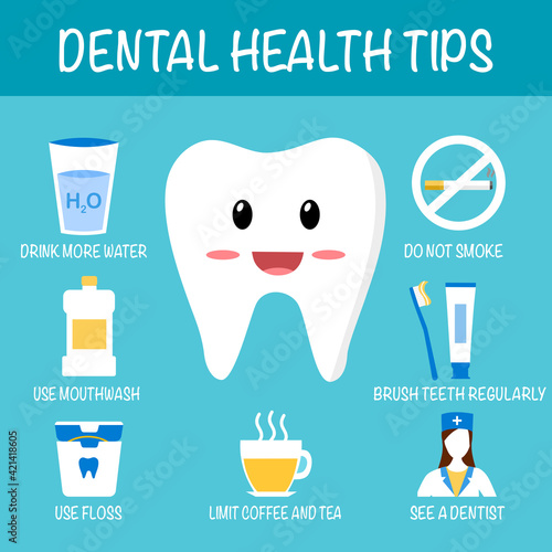 Dental care tips for healthy teeth infographic in flat design on blue background. Dental health tips cartoon concept.