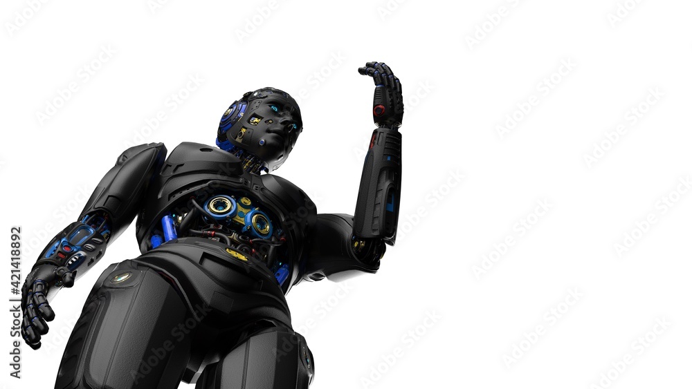 Naklejka premium Detailed appearance of the Black AI robot under white background. 3D illustration. 3D high quality rendering. 3D CG.
